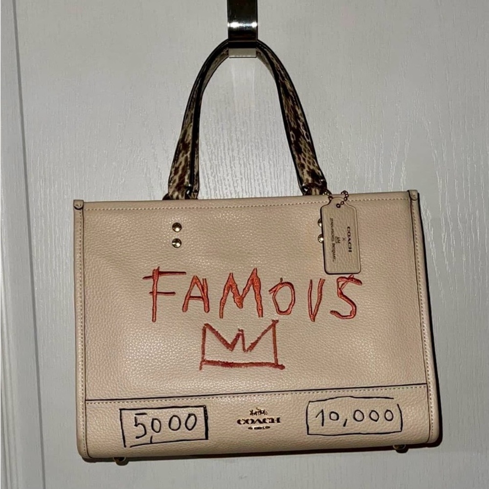 Coach X FAMOUS Grafitti Art Beige Leather Tote with Unique Red Design